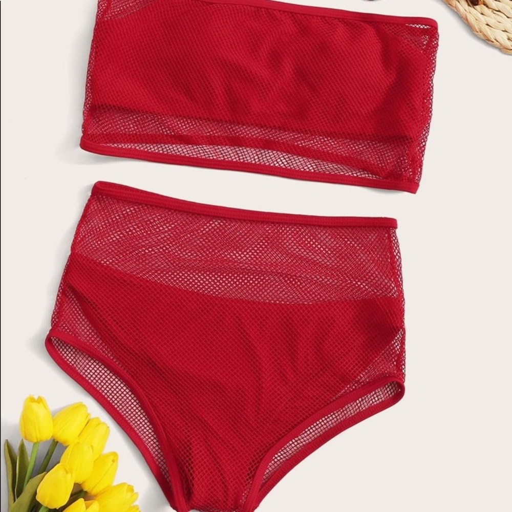 Fishnet Overlay Bandeau High Waisted Bikini